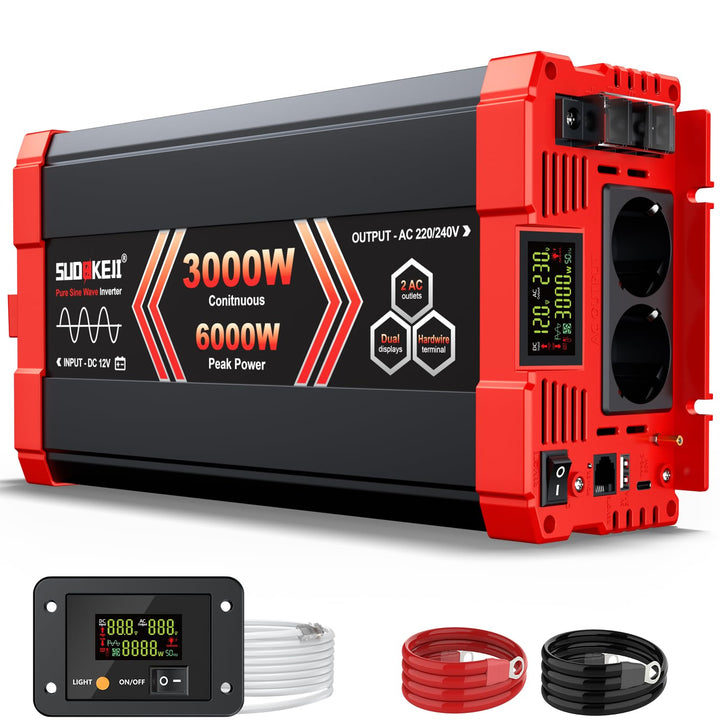 SUDOKEJI 3000W/6000W Wechselrichter Reiner Sinus Spannungswandler 12V auf 230V EU-Steckdose mit LCD