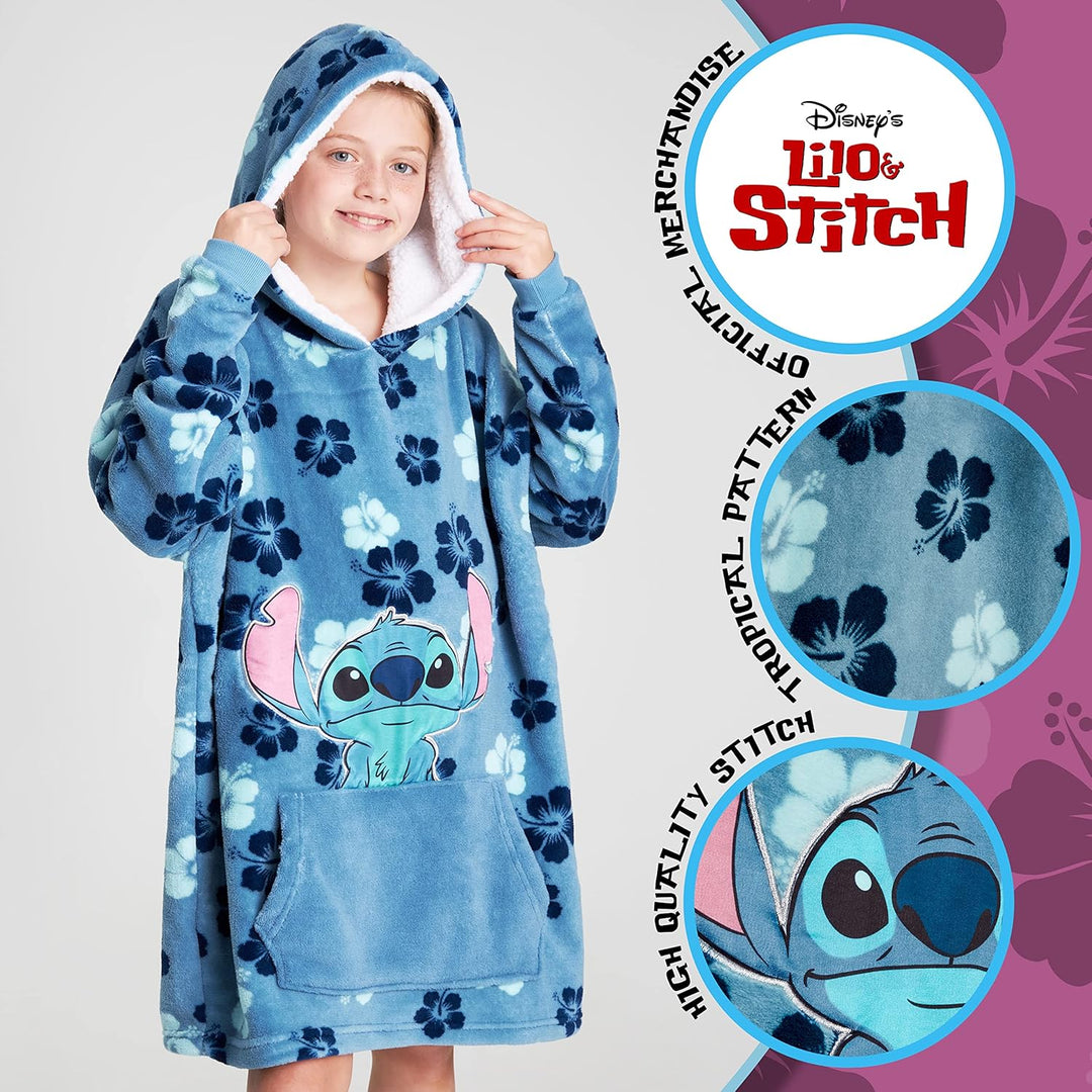 Disney Stitch Kapuzenpullover Mädchen, Übergrosse Hoodie Decke Kinder mit Sherpa-Kapuze und Kängurut