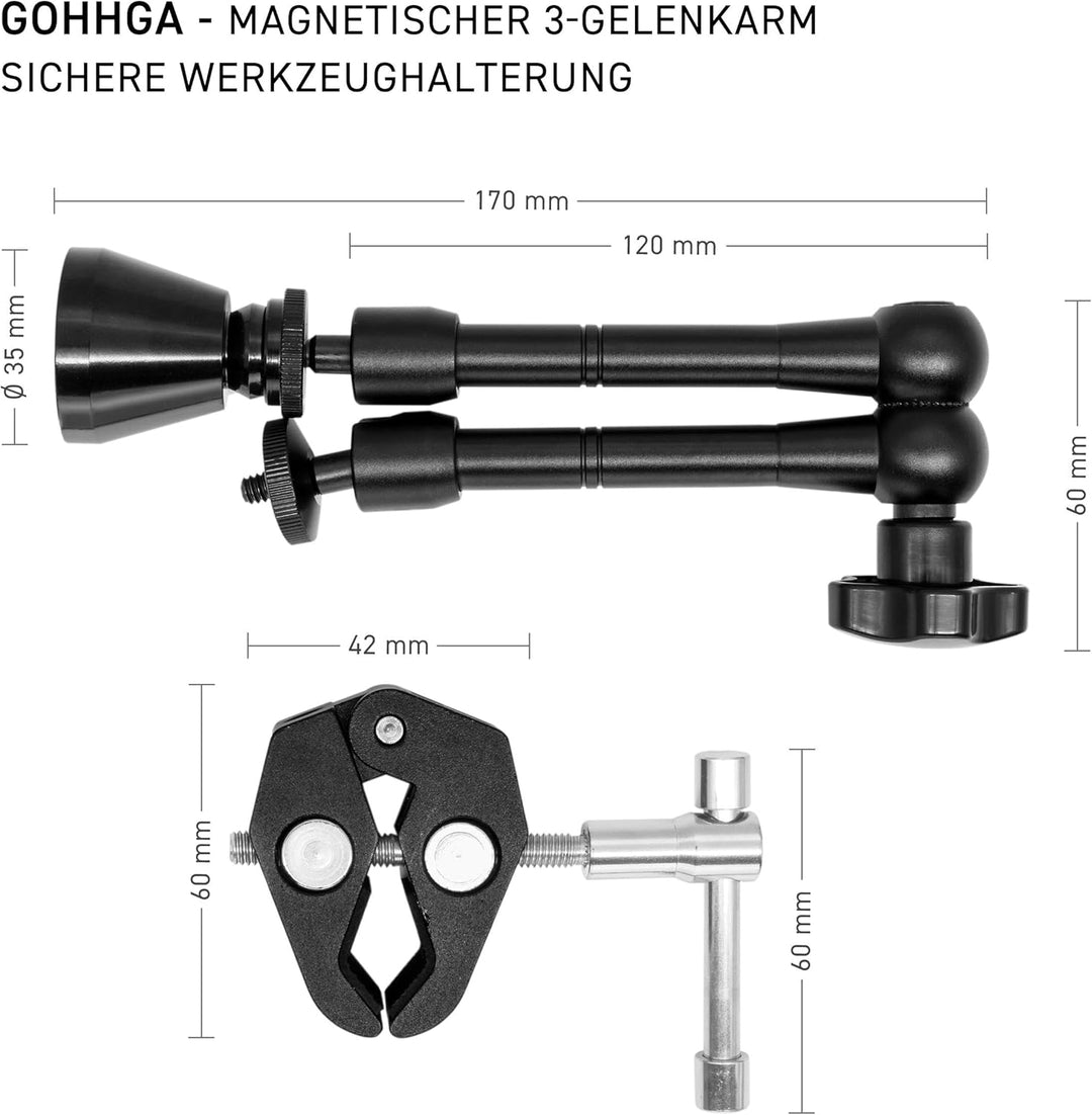 Magnetarm 3-Gelenk mit grosser Werkzeug-Schraubklemme, starker Neodymfuss, flexibel einstellbar, für