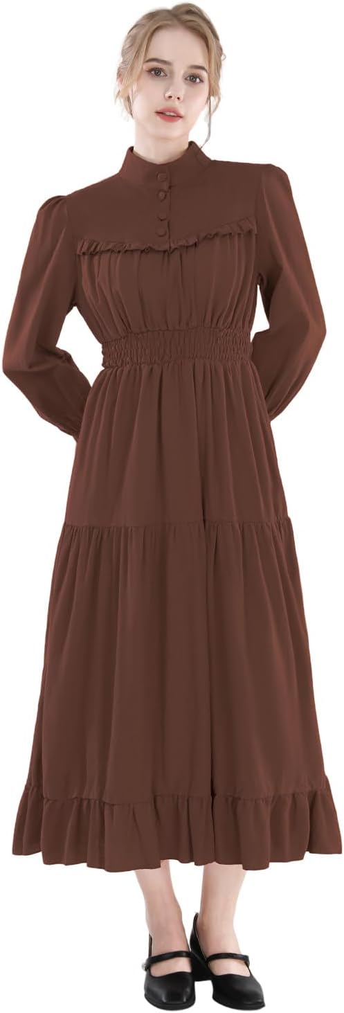 CR ROLECOS Mittelalter Kleidung Damen Viktorianisches Kleid Langarm A-Linie Vintage Edwardianisches