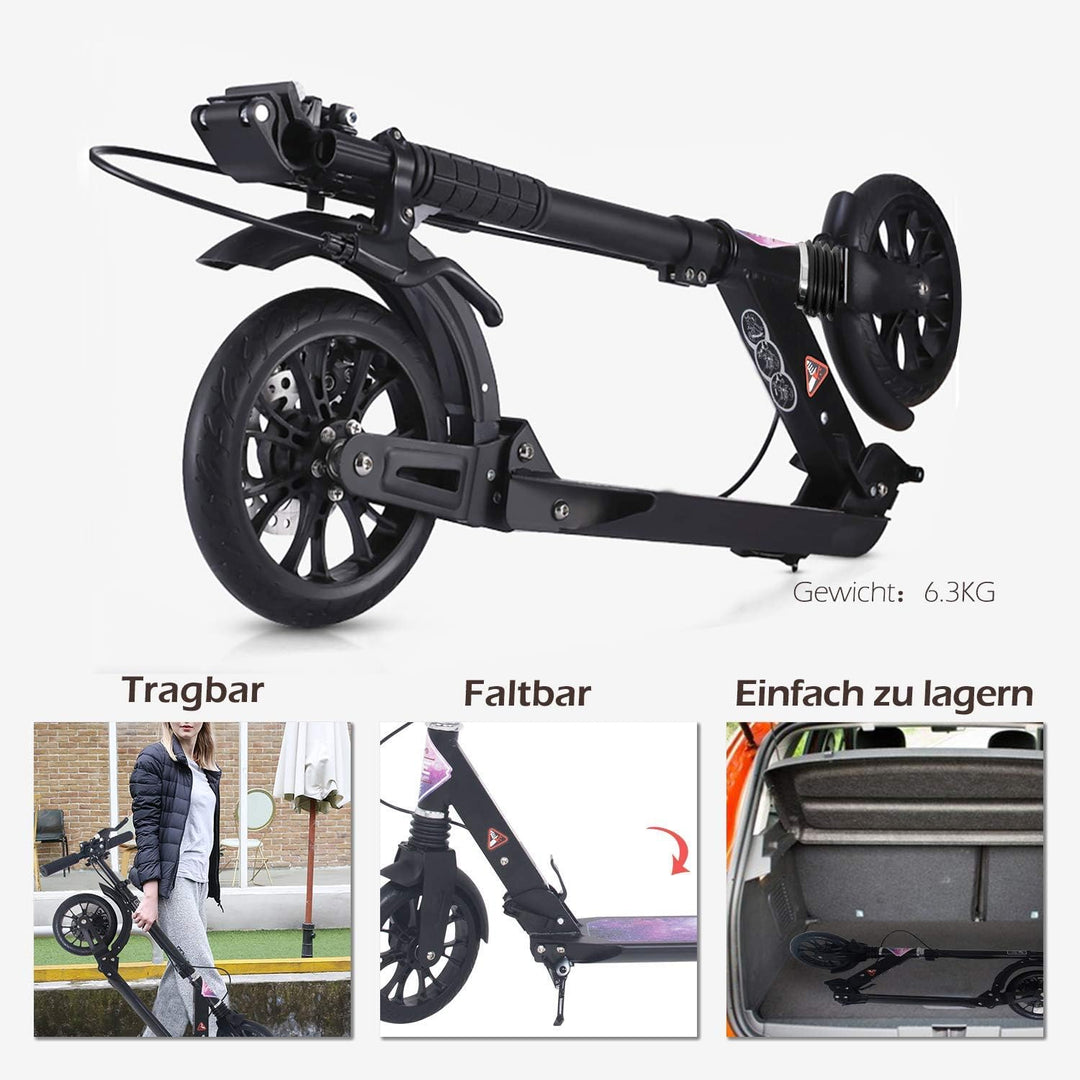 ISE Big Wheel Scooter Tretroller 200mm Roller Cityroller Klappbarer Scooter mit 2 Räder,Handbremse f