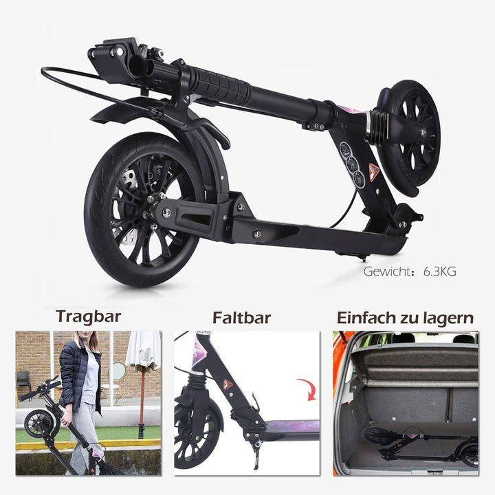 ISE Big Wheel Scooter Tretroller 200mm Roller Cityroller Klappbarer Scooter mit 2 Räder,Handbremse f