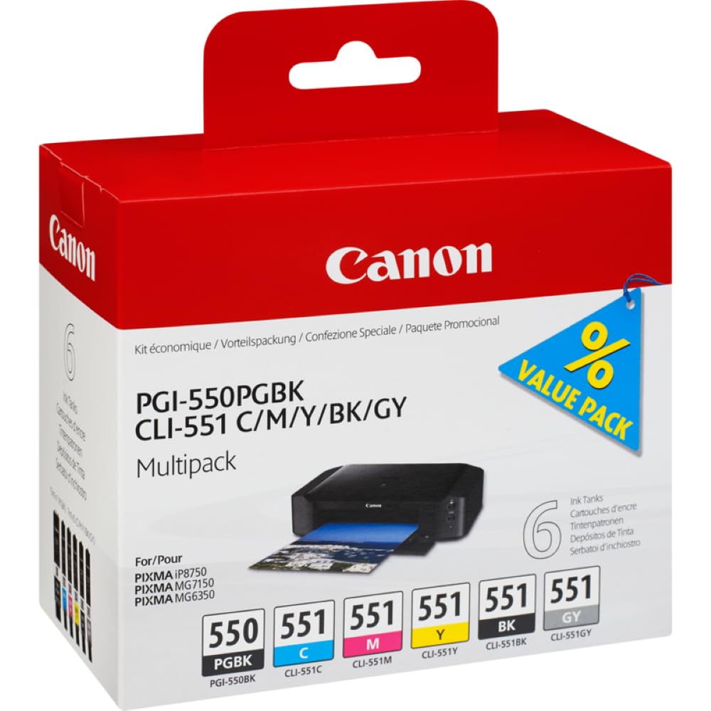 Canon PGI-550 / CLI-551 PGBK/C/M/Y/BK/GY Druckertinte - Multipack mit 6 Tinten für PIXMA Tintenstrah