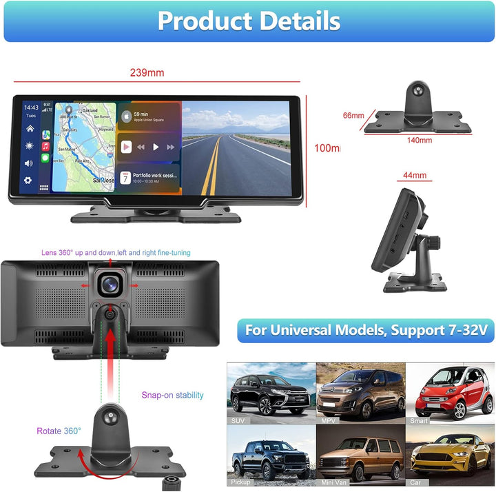 Podofo Wireless Apple Carplay & Android Auto Tragbares Autoradio mit 9,3 Zoll Bildschirm Stereo, Dra