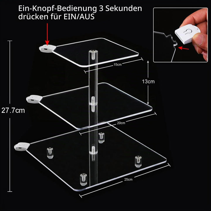 3 Etagen Cupcake Ständer, Ulifeme Wiederaufladbarer LED-Licht Quadrat Transparenter Dessert Tortenst
