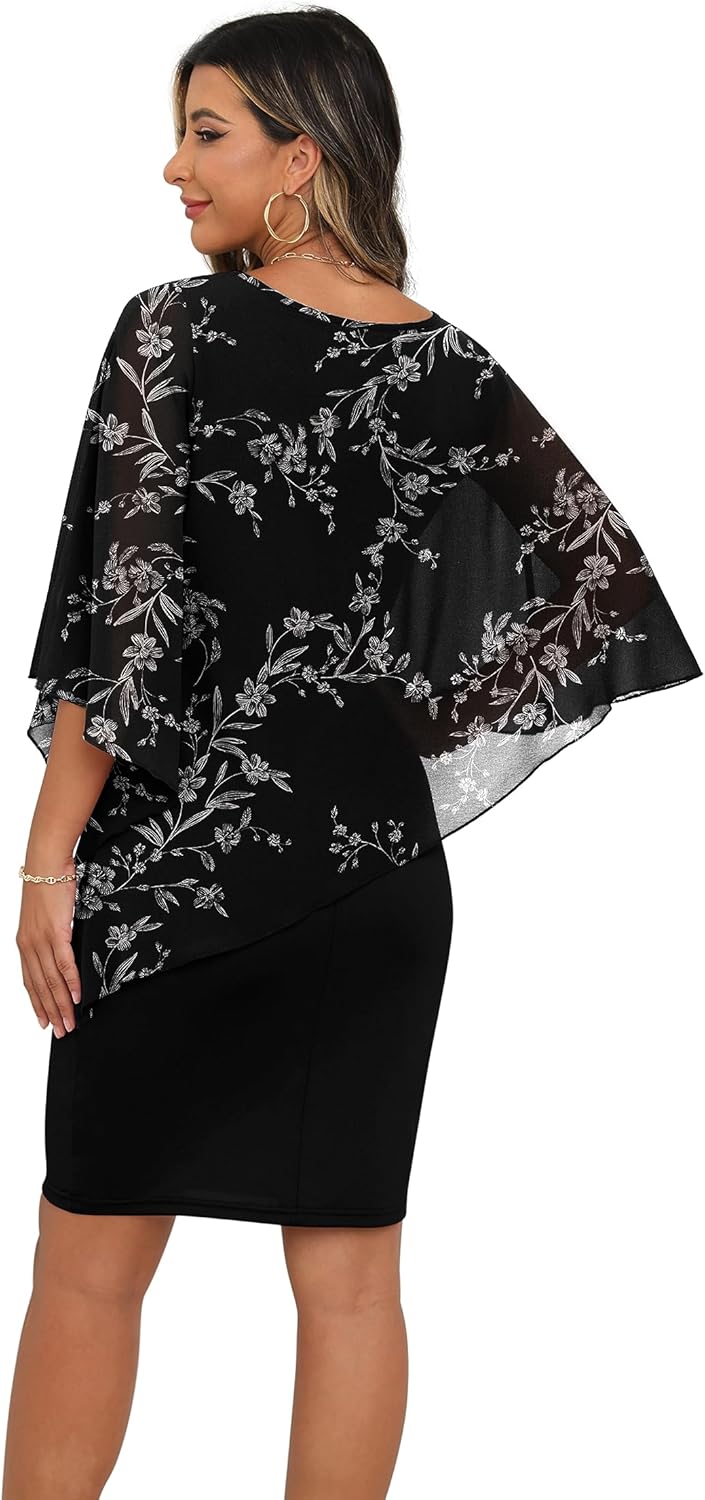 QIXING Damen Chiffon Cape Cocktialkleid Rundhals Ausschnitt Bleistiftkleid Sommerkleid Damen Knielan