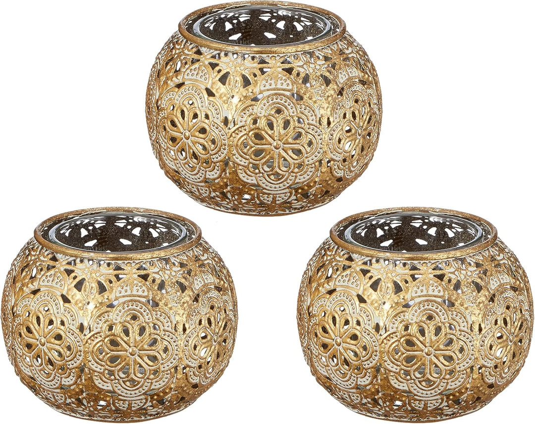 Windlicht 3er Set Mandala-Design │ Glas Metall 9x7cm Gold weiss │ Glaseinsatz für Kerze Teelicht (1