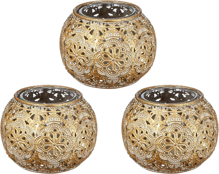 Windlicht 3er Set Mandala-Design │ Glas Metall 9x7cm Gold weiss │ Glaseinsatz für Kerze Teelicht (1