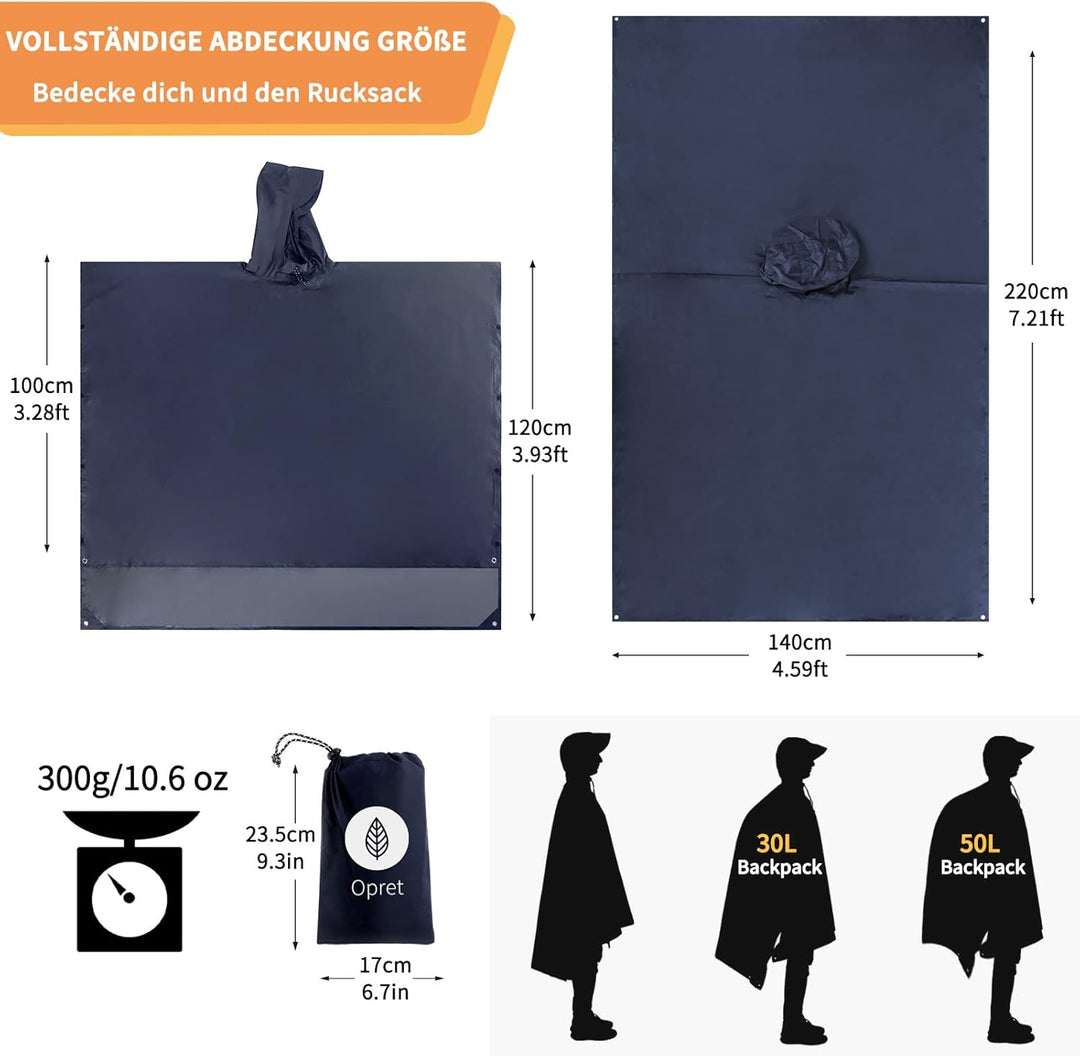 Opret Wasserdicht Regenponcho Damen Herren, Leicht Atmungsaktiv Regencape 3-in-1-Multifunktional Reg