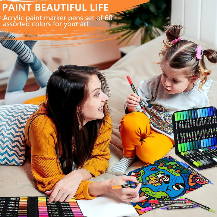 IVSUN 60 Farben Acrylstifte für Steine Wasserfest - Acrylmarker mit feine Spitze und Pinsel für Stei