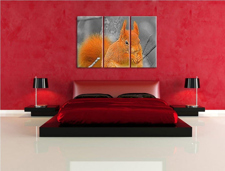 freches Eichhörnchen beim Fressen schwarz/weiss Deluxe 3-Teiler Leinwandbild 120x80 Bild auf Leinwan