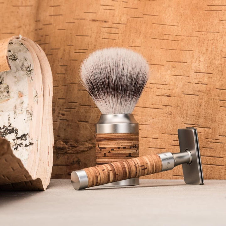 MÜHLE Rocca Rasierset - Silvertip Fibre Pinsel, Rasierhobel, Halter - Griffe aus Edelstahl und Birke