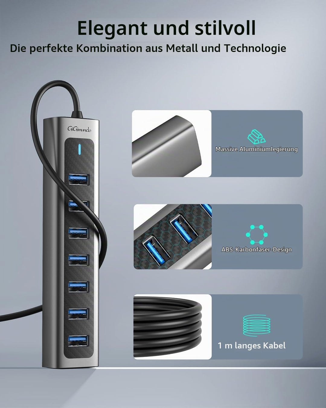 GiGimundo GM7U 7 Port USB HUB 3.0 Aluminium, 1.8M Lang Kabel mit 5V/3A Type-C Stromeingangsanschluss