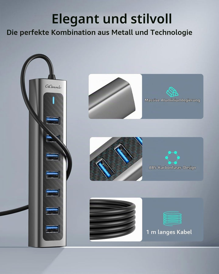 GiGimundo GM7U 7 Port USB HUB 3.0 Aluminium, 1.8M Lang Kabel mit 5V/3A Type-C Stromeingangsanschluss
