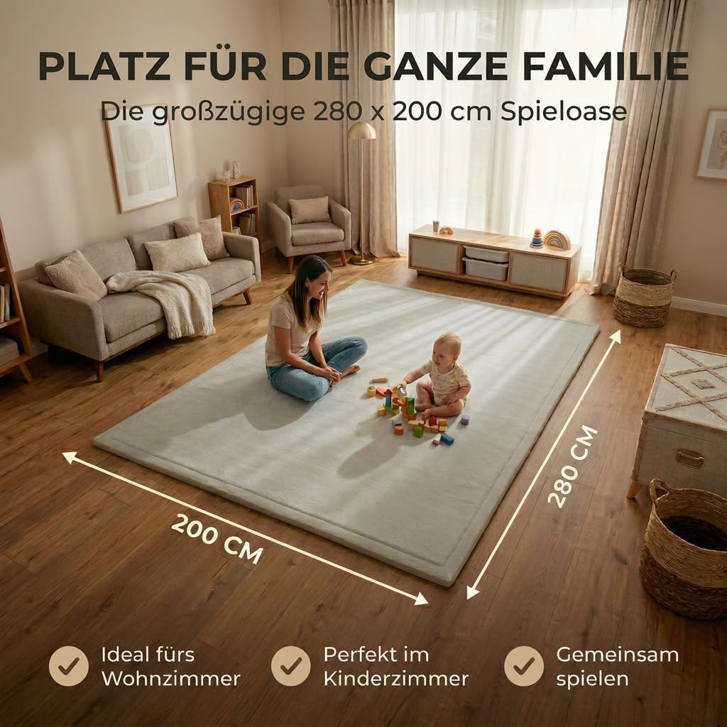 BabybeFun Krabbelmatte Baby - kuschelig weich - 3cm Dicke Spielmatte - schützt vor Stössen - Teppich