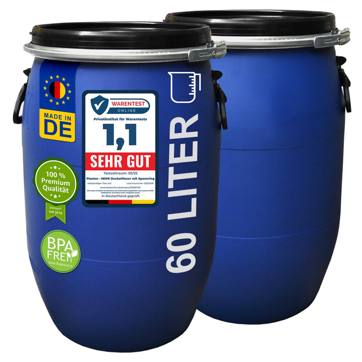 plasteo® Set: 2 x 60 Liter Deckelfass Weithalsfass mit Spannverschluss | Futtertonne | Universalfass
