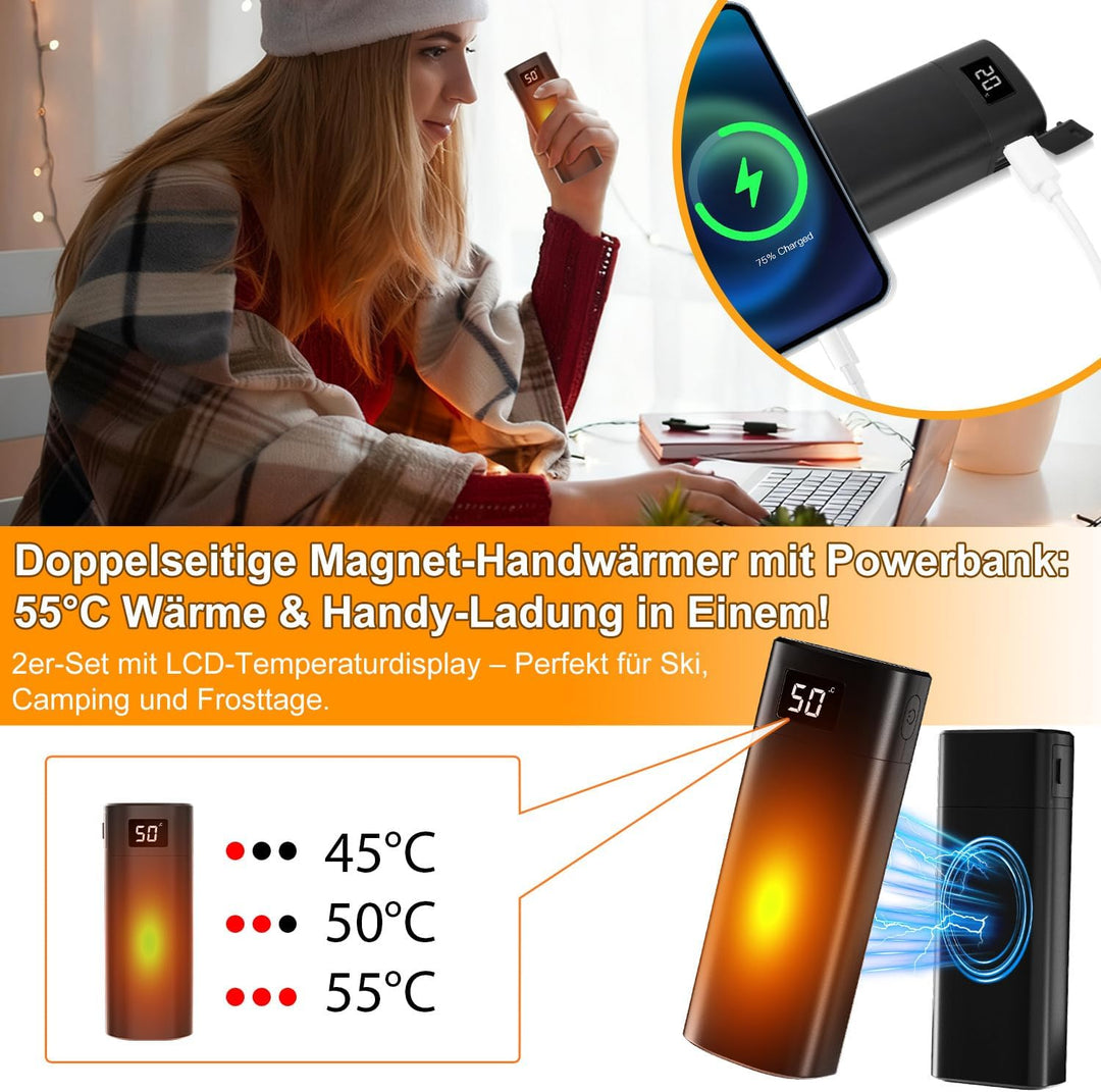 Elektrischer Handwärmer Magnetisch 5000mAh X2 Duale Heizung, 3-Temperaturstufen mit LCD-Display & Po