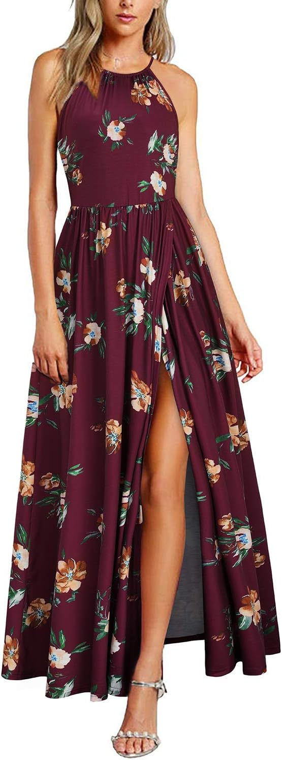 KILIG Damen Sommerkleid Lang Elegant Sommer Neckholder Kleid Hochzeitsgast Maxikleid Partykleid Schl