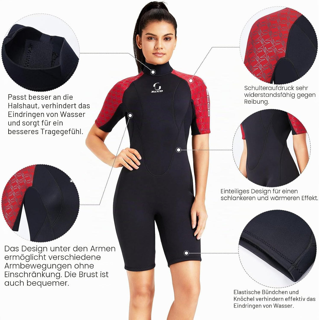 Neoprenanzug Damen Herren 3mm Kurzarm Mit Rückenreissverschluss Zum Surfen Schwimmen Kajakfahren Sch