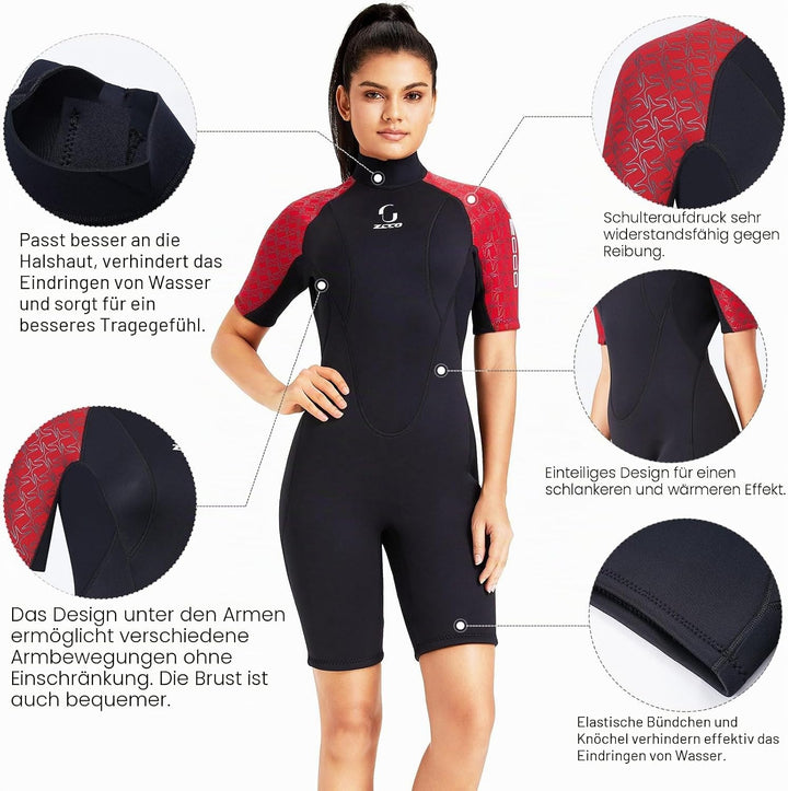 Neoprenanzug Damen Rückenreissverschluss Kurze Neoprenanzug Herren 3mm Neopren Kurzarm Neoprenanzug