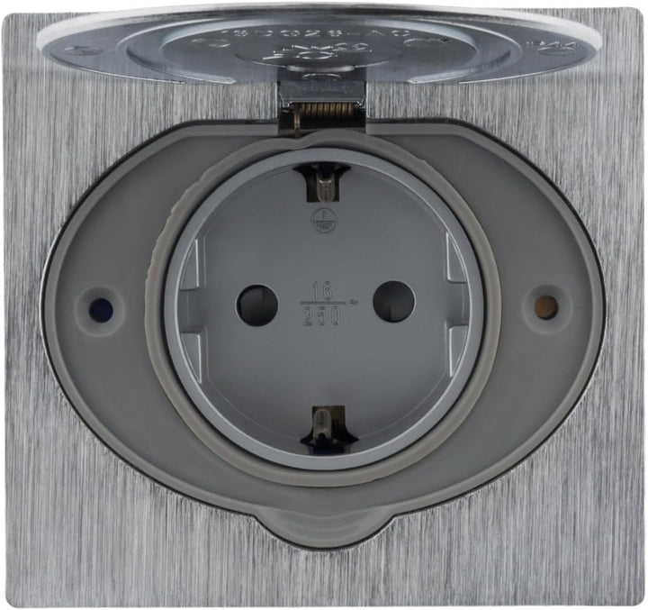 Schuko Bodensteckdose 16 A, gebürstetes Aluminium-Finish, IP44 mit Installationsbox