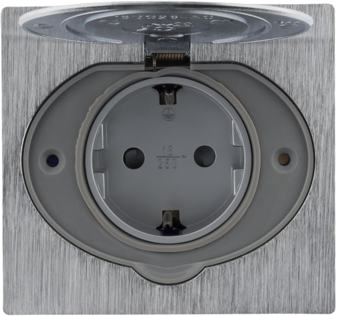 Schuko Bodensteckdose 16 A, gebürstetes Aluminium-Finish, IP44 mit Installationsbox