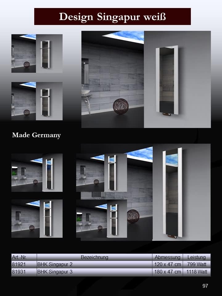 BADHEIZKÖRPER mit Spiegel Design Singapur 2 120x47cm 799 Watt schwarz (+1 Halter 15mm) SZAGATO Handt