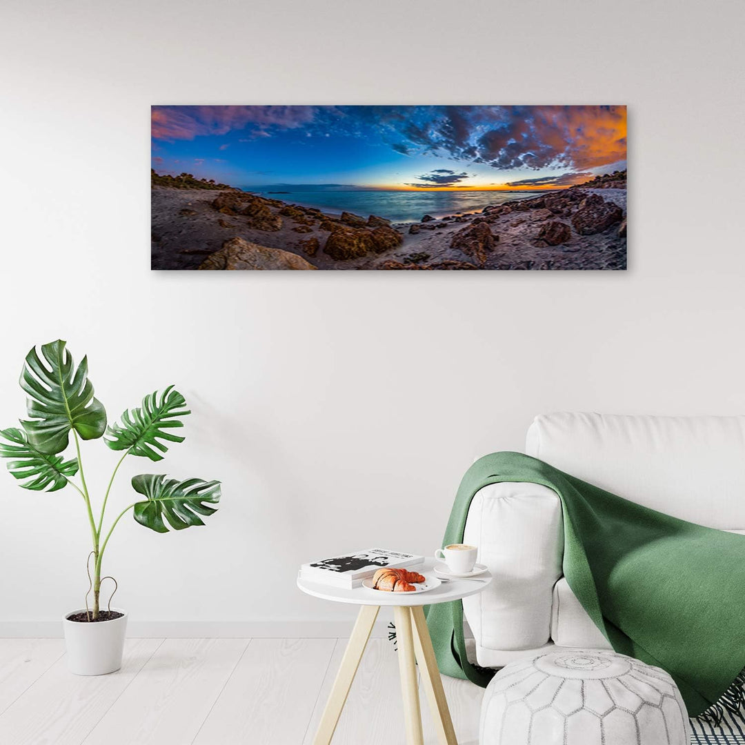 Bild auf Leinwand Landschaft Kunstdruck modern Felsen Blau 90x30 cm Leinwandbild 90x30 cm Blau_c, Le