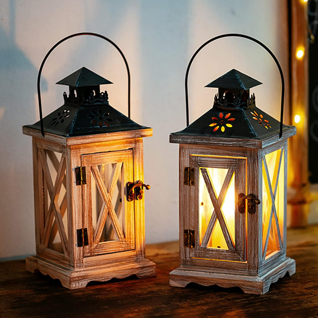Sziqiqi Laterne Kerzenhalter Vintage Windlicht Laterne Holz Metall Dekorative Windlichthalter für Dr