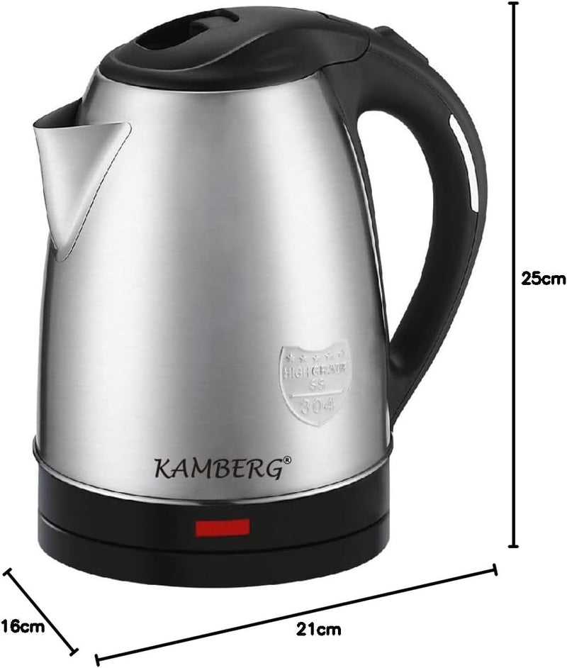 Kamberg - Elektrischer Wasserkocher, Edelstahl, 18/10 – 1,8 Liter – 1500 W – schnelles Kochen – komp