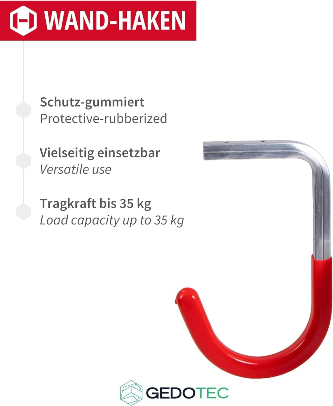 Gedotec Wandhalterung - Decken-Wandhaken zum Schrauben Aluminium - rot gummiert | 4 Stück Deckenhake