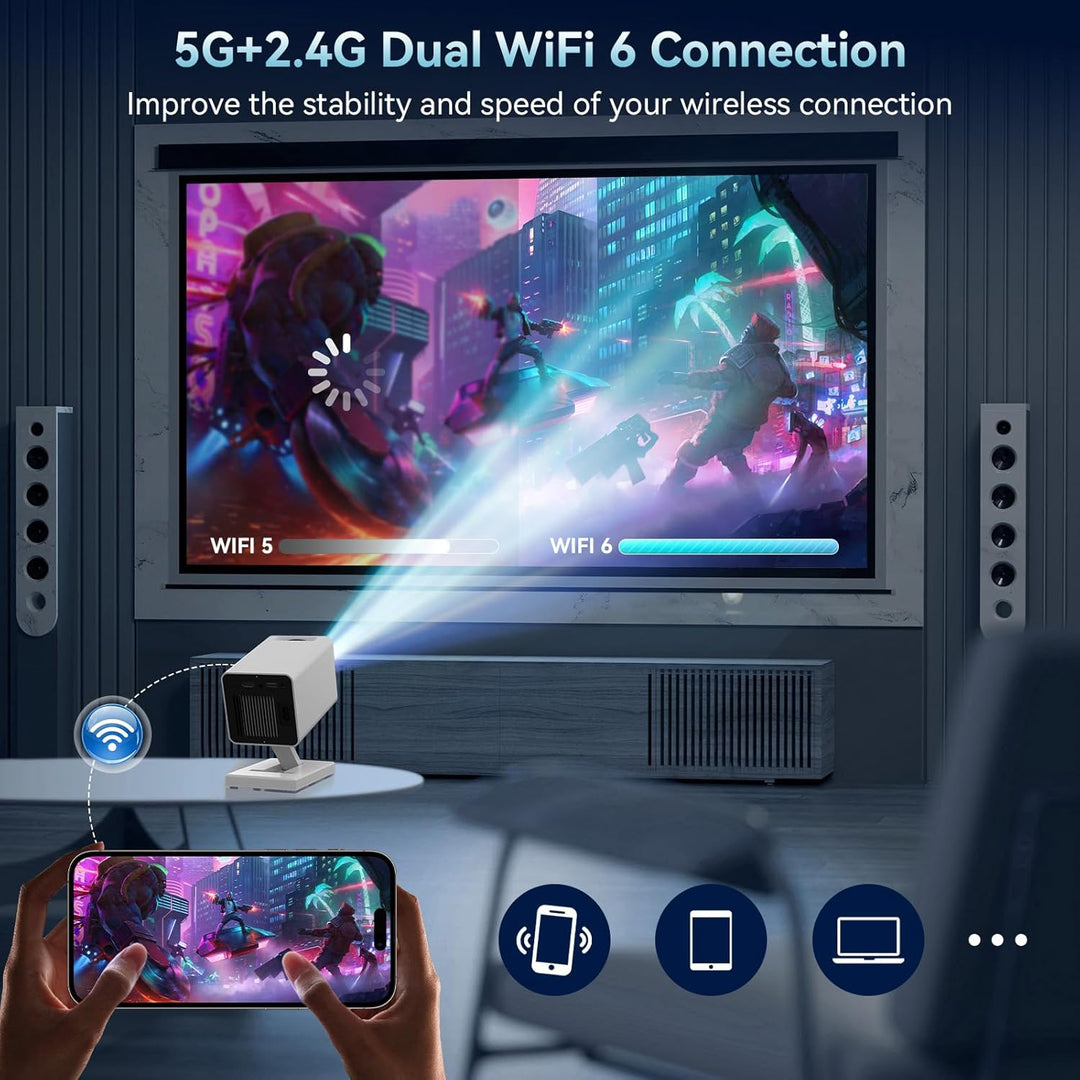 Mini Beamer Unterstützt 4K 1080P, Mini Projektor mit WiFi 6 und Bluetooth 5.4, Tragbarer Projektor m