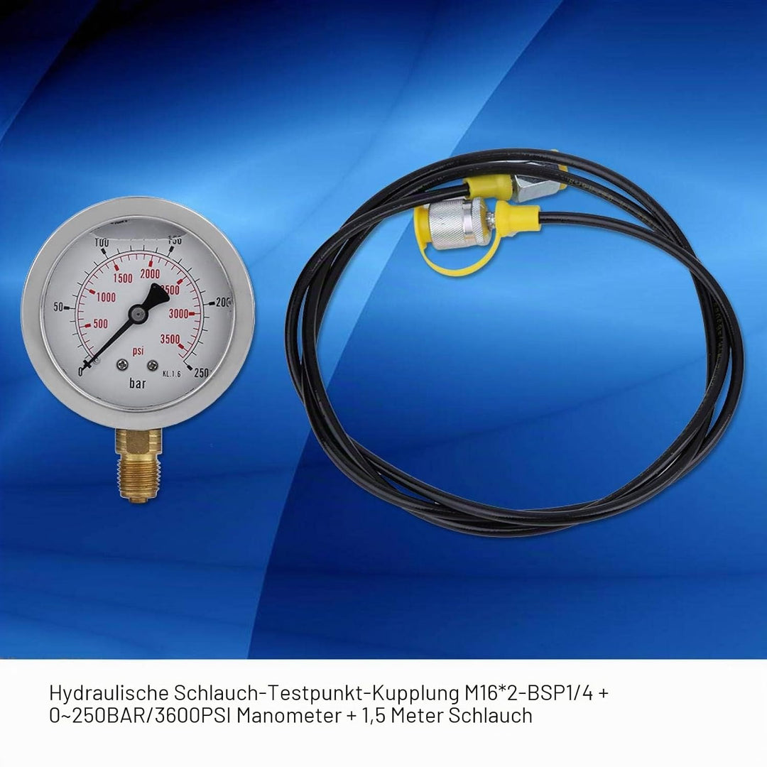 Hydraulisches Manometer-Set, Hydraulikdruckprüfer M16*2-BSP1/4 + 0~250bar/3600psi1,5 m Schlauch, Hyd