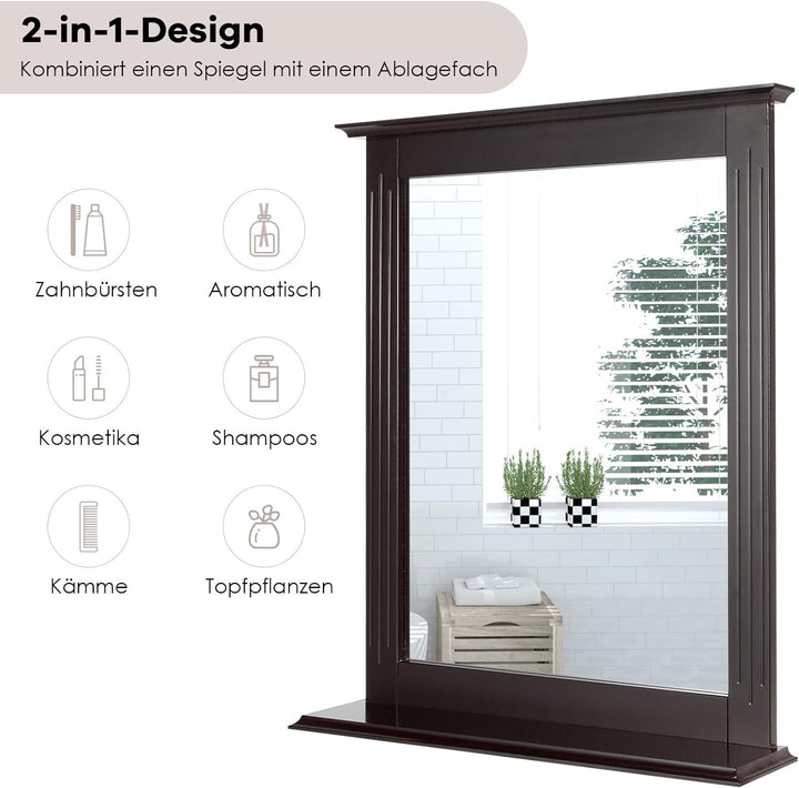 RELAX4LIFE Badspiegel mit Ablage, Wandspiegel aus Holz, Hängespigel 57 x 12 x 68,5 cm, Spiegel zum A