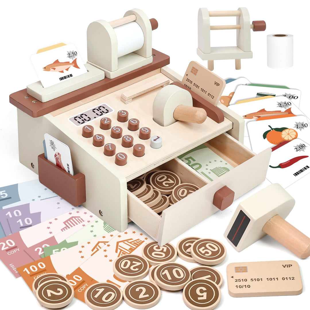 Spielkasse Kinder Holz Registrierkasse mit Spielgeld, Montessori Holz Spielzeug Kasse Kaufladen Zube