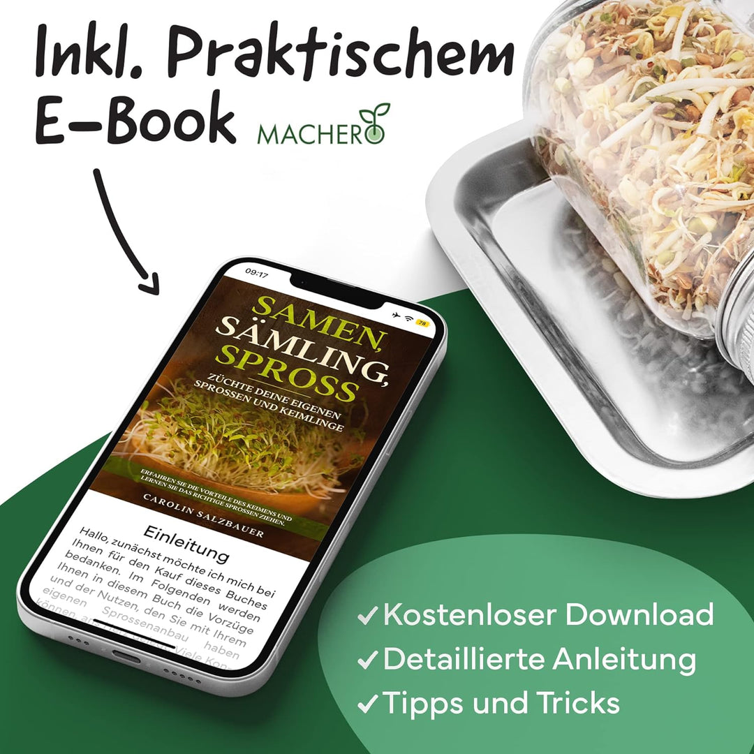MACHERÓ Sprossenglas mit Deckel 750 ml, Keimglas 2er-Set Pflanzen im Glas, inkl. Abtropfschale, Edel