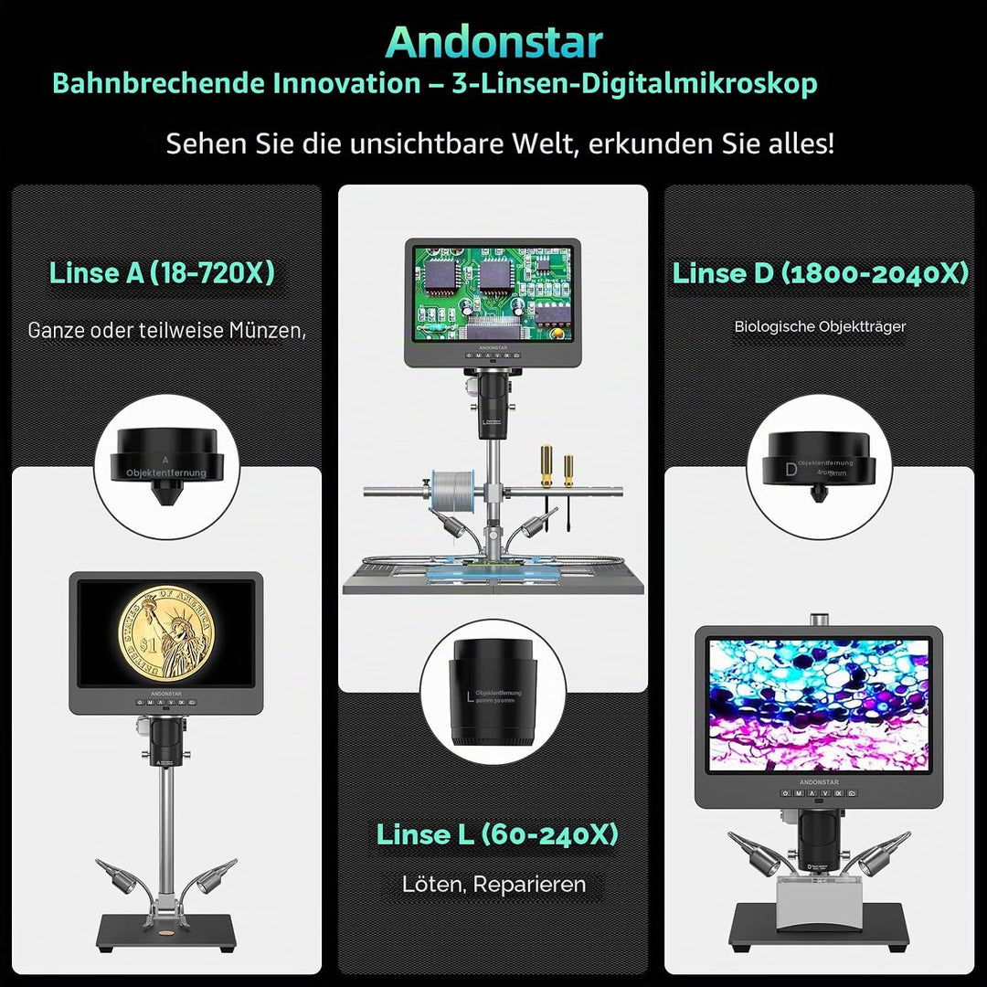 Andonstar AD249S-M Plus 10.1'' HDMI Digitales Mikroskop für Elektronikreparaturen, 2000x 3 Linsen 21