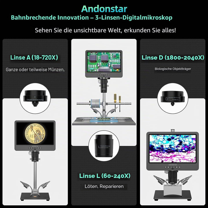 Andonstar AD249S-M Plus 10.1'' HDMI Digitales Mikroskop für Elektronikreparaturen, 2000x 3 Linsen 21