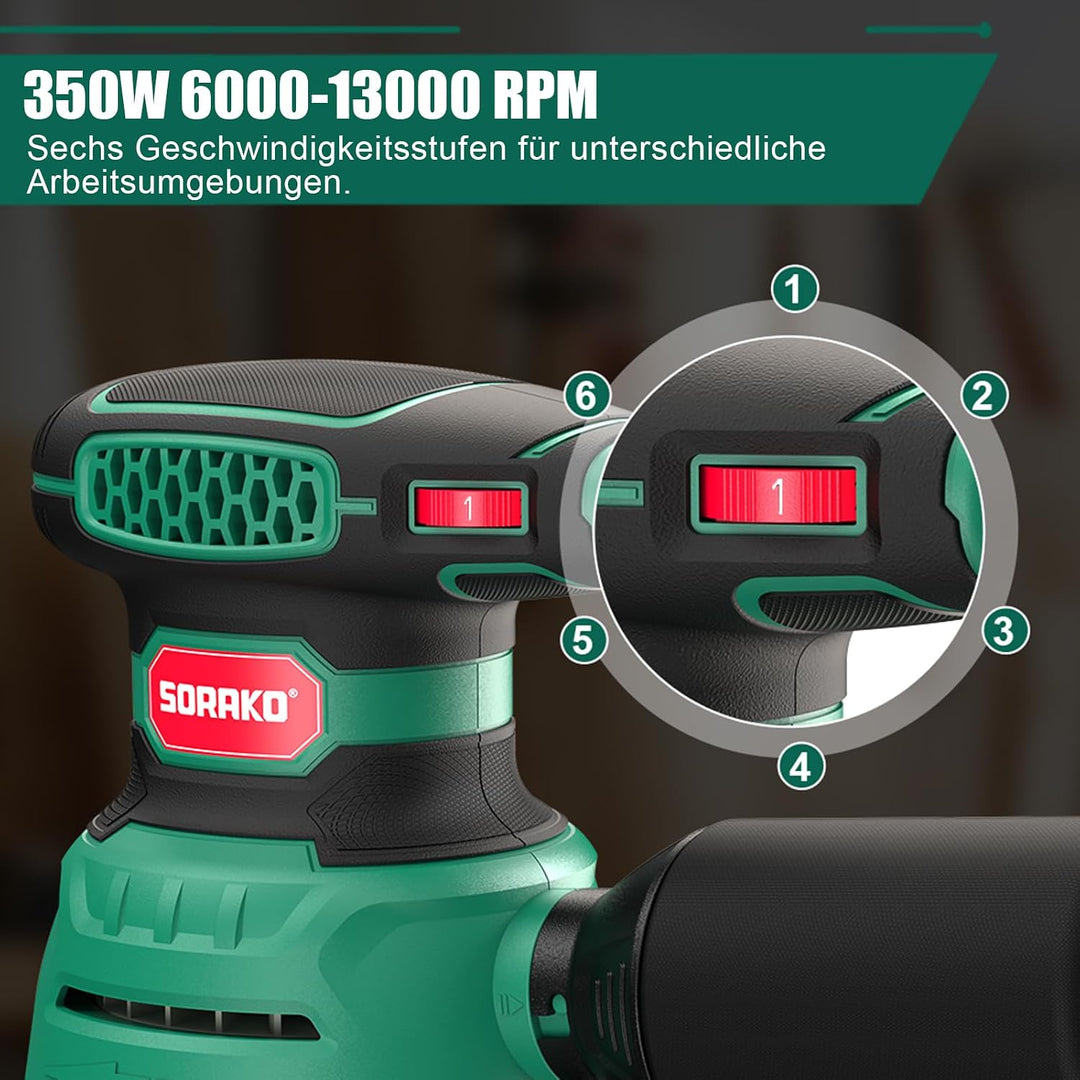 SORAKO Exzenterschleifer 350W 125MM,6 Geschwindigkeiten,16 Schleifpapiere, Staubsammlung Schnellbrem