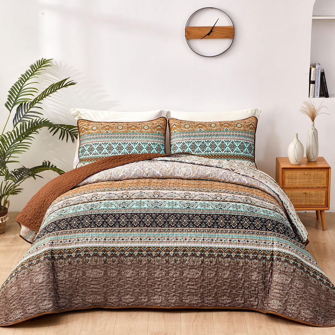 WONGS BEDDING Tagesdecke 220x240 Bettüberwurf Boho Decke Steppdecke 3 Teilig Doppelbett Gesteppt Bet