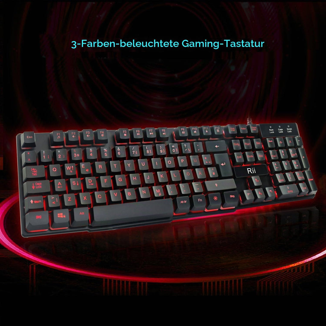 Rii RK100 Gaming Tastatur (105 Tasten, 3 Farben LED-Hintergrundbeleuchtung, QWERTZ Layout) Schwarz