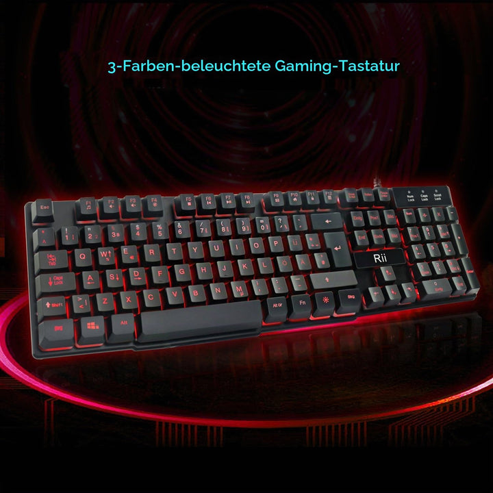 Rii RK100 Gaming Tastatur (105 Tasten, 3 Farben LED-Hintergrundbeleuchtung, QWERTZ Layout) Schwarz