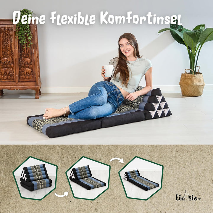 livasia Thaikissen mit 2 Auflagen - 120x50x8cm - Dreieckskissen mit Sitzkissen, Keilkissen mit Kapok