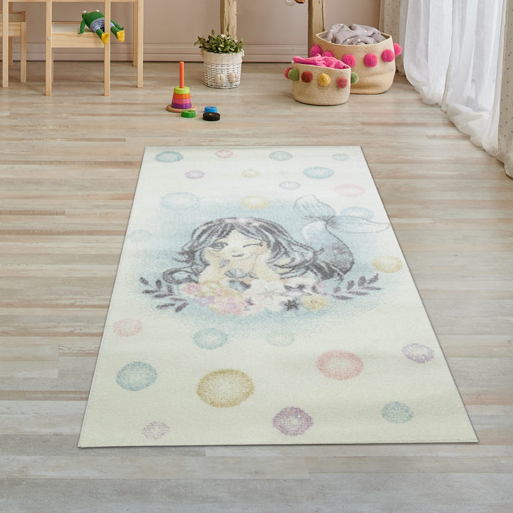 Teppich-Traum Kinderzimmer Spielteppich Vorleger • pflegeleicht • Meerjungfrau Blumen Seifenblasen C