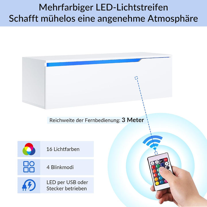 SONNI Lowboard mit LED (16 Farben), Hängend/Stehend, Weiss, 100x35x30cm | TV-Schrank Hochglanz für F