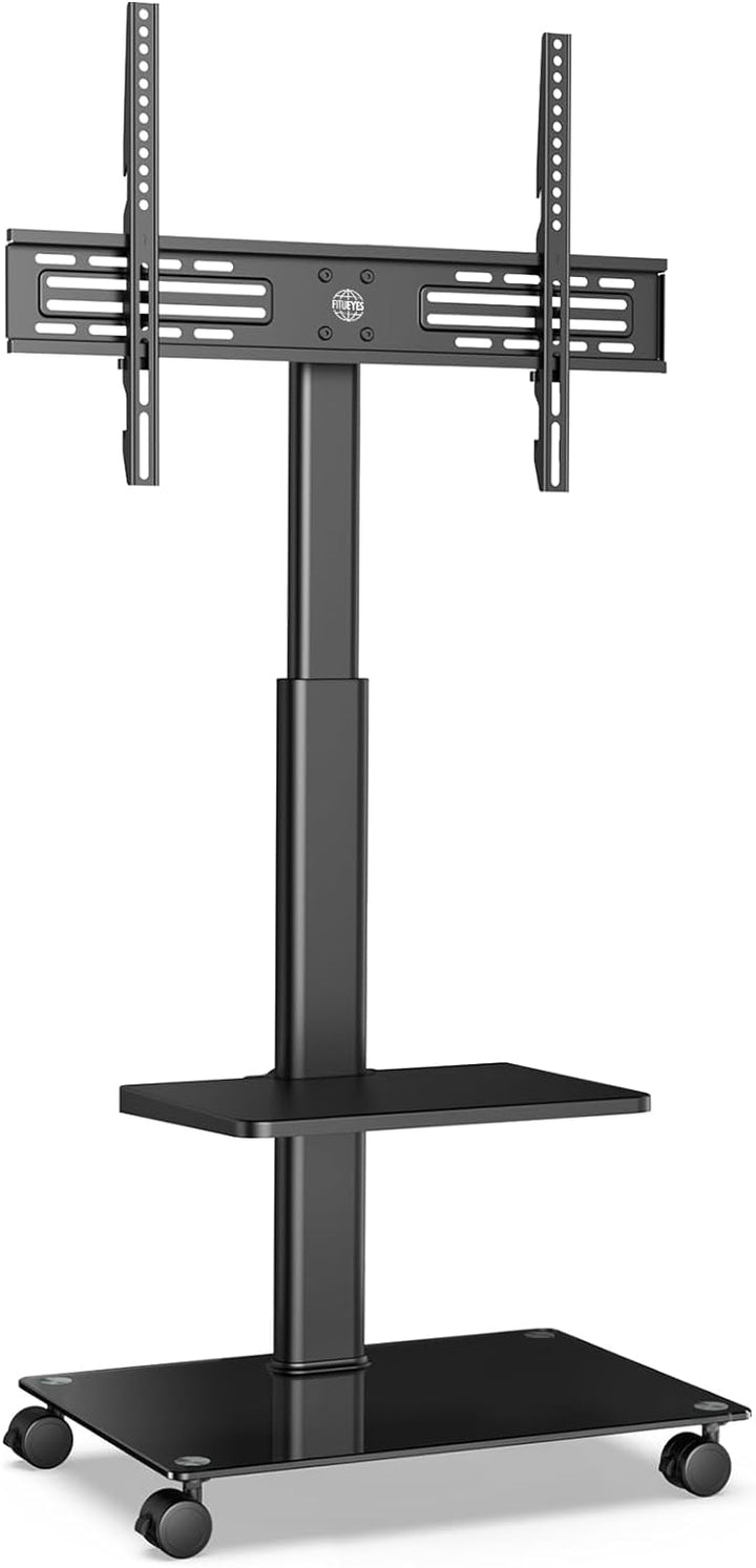 FITUEYES TV Ständer Rollbar TV Rollwagen 2 Ablagen Standfuss Fernsehstand mit Regal höhenverstellbar