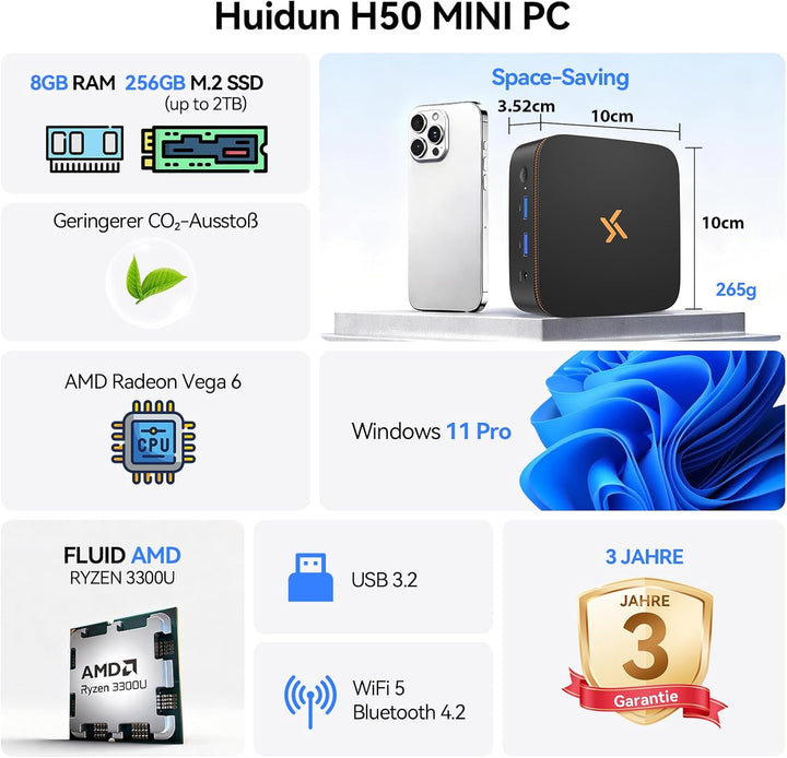 Huidun H50 AMD Ryzen, Radeon Vega 6 Mini PC(Besser als N95/N100/4300U), 8GB DDR4 256GB SSD, Win 11 p