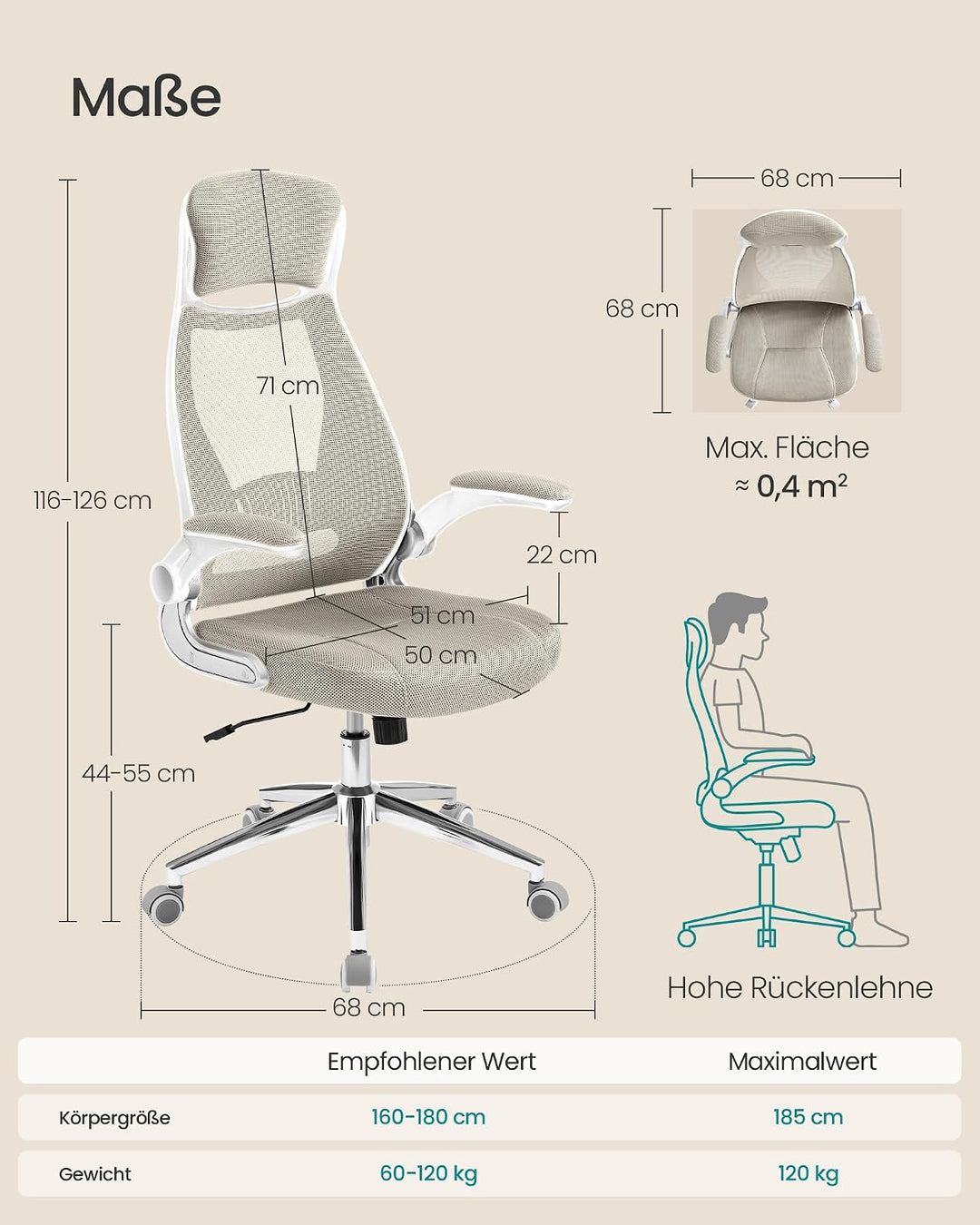 SONGMICS Bürostuhl, Drehstuhl, Chefsessel mit klappbaren Armlehnen, Kopf- und Lendenstütze, neigbar,