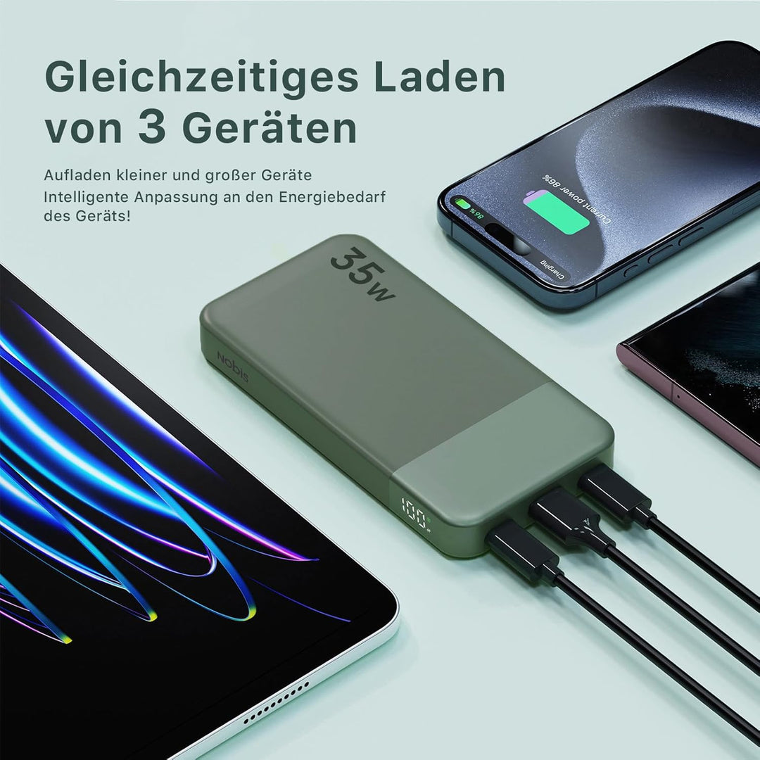NOBIS 35W Power Bank 10000mAh, Externer Akku mit Digitalanzeige, USB C Ladegerät Schnellladen PD QC,