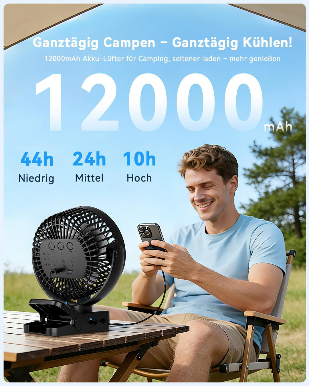 USB Tischventilator Leise mit 12000mAh Akku, Clip Camping Ventilator mit Fernbedienung, Mini Akku Ve